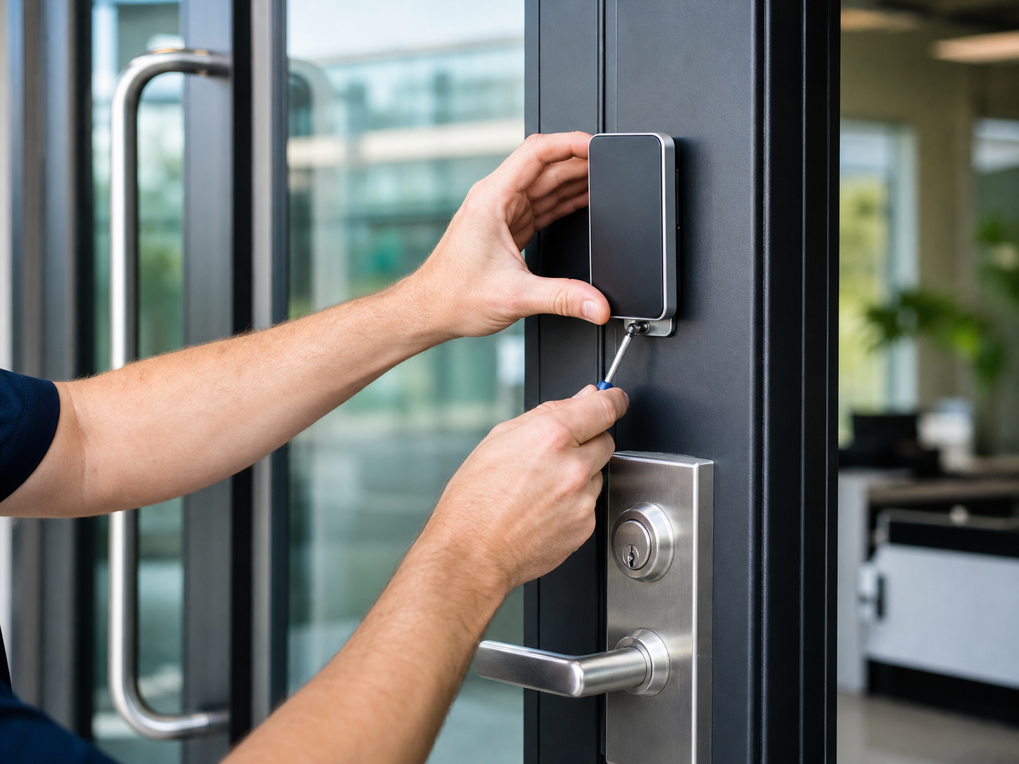 Commercial locksmith installing an electronic access control reader