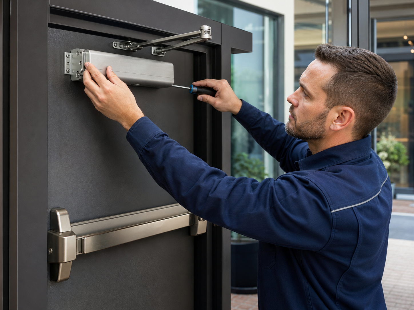 Commercial locksmith servicing door closer and exit hardware