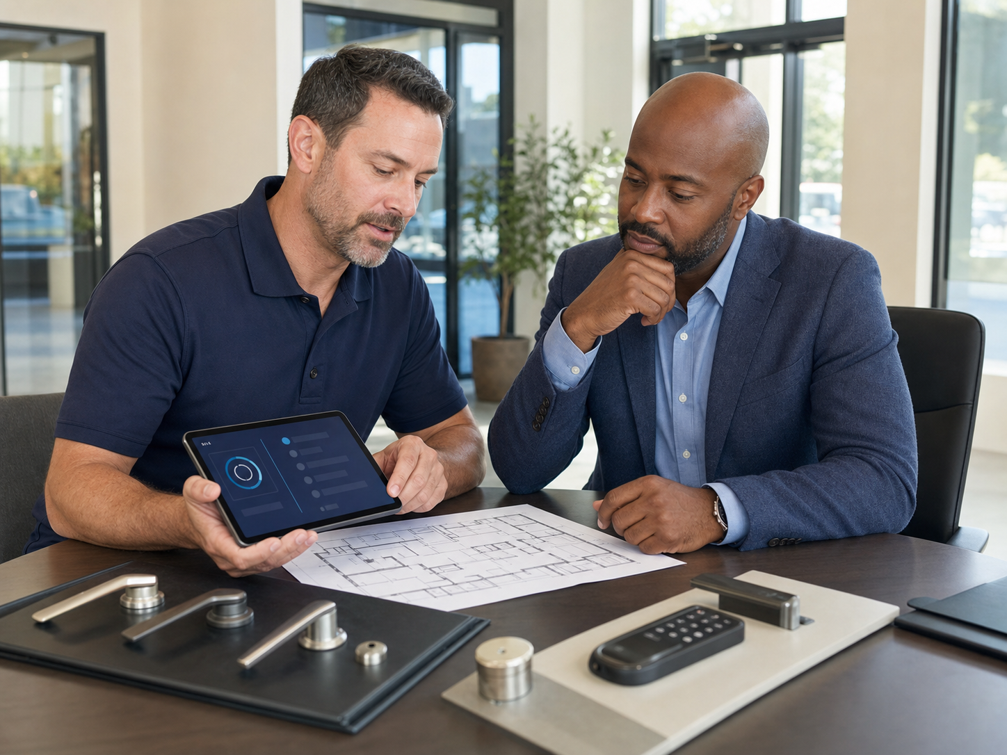 Locksmith consulting with a business owner about security planning