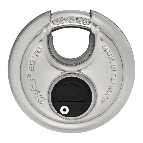 ABUS Diskus 20/70 stainless steel disc padlock with a black cylinder cover