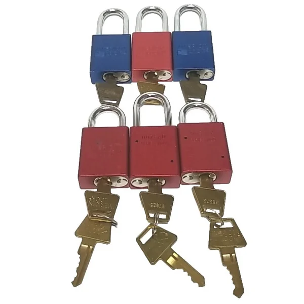 Six American Lock Series 1100 and A1100 aluminum padlocks in red and blue, with keys