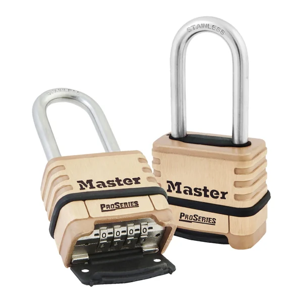 Master Lock ProSeries 1175LHSS brass set-your-own combination padlocks with long stainless steel shackles, shown open and closed
